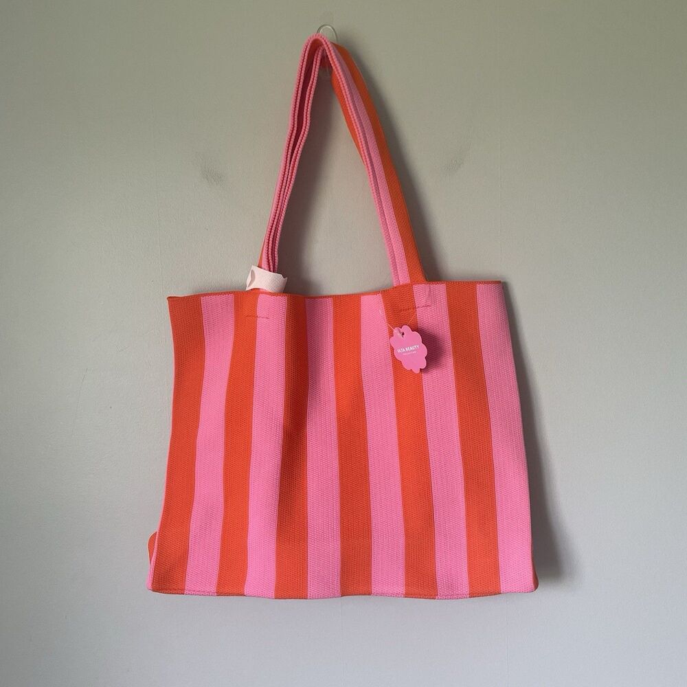 ULTA Beauty Reusable Knit Tote Bag Satchel Purse White Orange Stripes 16' x 14'